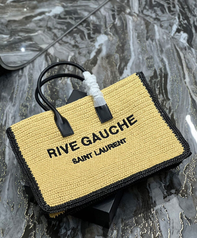 Saint Laurent Rive Gauche Tote Bag In Raffia And Leather Apricot